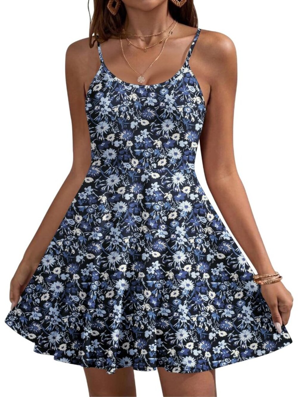 Women's Navy Blue Floral Summer Dress Spaghetti Strap Floral Mini Casual Dress
